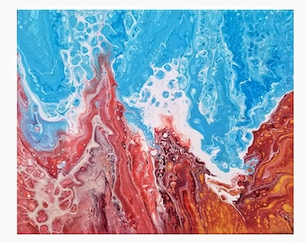 Fire and Sky red and blue fluid painting. Abstract art inspired by Garden of the Gods, Colorado Springs 16x20 acrylic on canvas