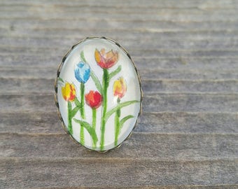 Tulpe-Ring. Tulpen handgemalt in bunte Aquarell. Frühling oder Ostern Ring, Tulpe Blumen Schmuck, einzigartige Ostergeschenk