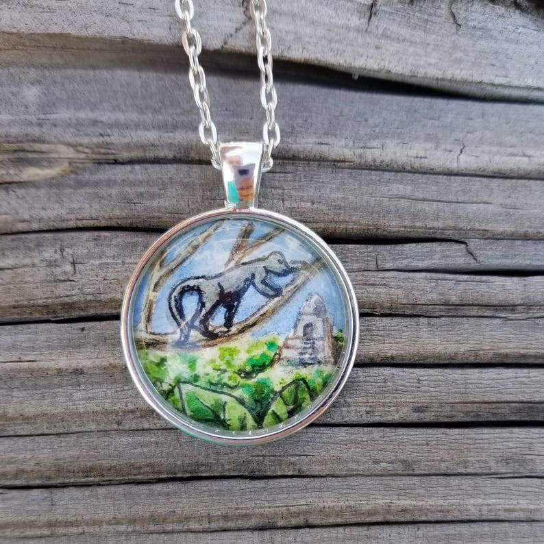 Howler Monkey necklace. Hand-painted money with Mayan ruins in the Guatemalan jungle in the background. Monkey necklace, watercolor and ink image 1