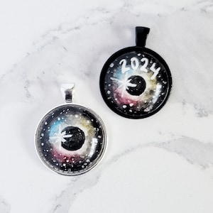 Solar Eclipse Necklace, hand-painted, watercolor wearable art, Eclipse pendant, black setting. Solar Eclipse gift