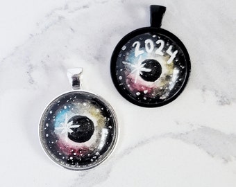 Solar Eclipse Necklace, hand-painted, watercolor wearable art, Eclipse pendant, black setting. Solar Eclipse gift