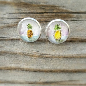 Pineapple earrings, hand-painted watercolor pineapples set into silver-plated stud earrings.  Pineapple stud earrings. One-of-a-kind