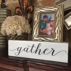 Gather Wood Sign, Small 3.5x12, Farmhouse Decor, Fixer Upper Style, Distressed, Painted Wood Sign, Kitchen Sign, Gallery Wall, Collage Wall image 2