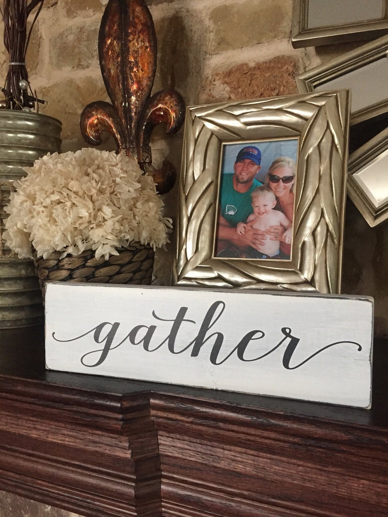 Gather Wood Sign, Small 3.5x12, Farmhouse Decor, Fixer Upper Style, Distressed, Painted Wood Sign, Kitchen Sign, Gallery Wall, Collage Wall image 2