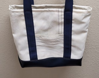 Recycled Sail Tote with Navy Vinyl, Nautical Lining, and Front Pocket