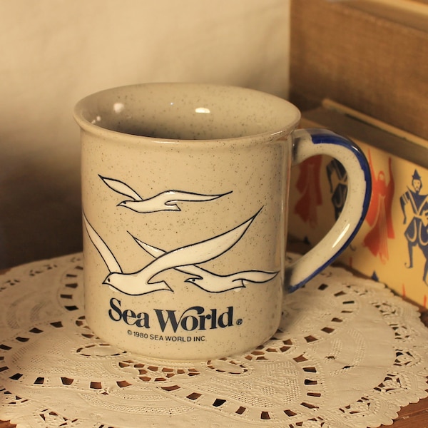 Vintage Sea World Mug Cup Speckled Stoneware Embossed Sea Gulls 1980