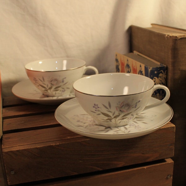 Vintage Pair Porcelain Tea Cups and Saucers Flowers MEMPHIS Fine China, Japan Rose Flowers