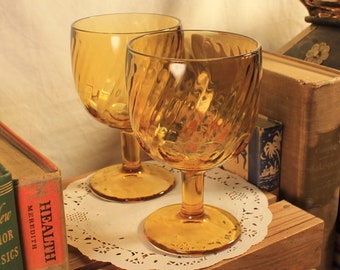 Vintage Pair of Amber Glass Goblets Set of Two Chalices