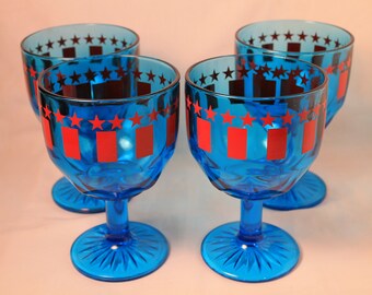 Patriotic Goblets Set of Four Blue Glass Red Stars and Stripes Chalices