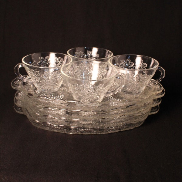 Glass Luncheon Set, Vintage Anchor Hocking Glass 8 Piece Set Snack Trays/Cups Grapes