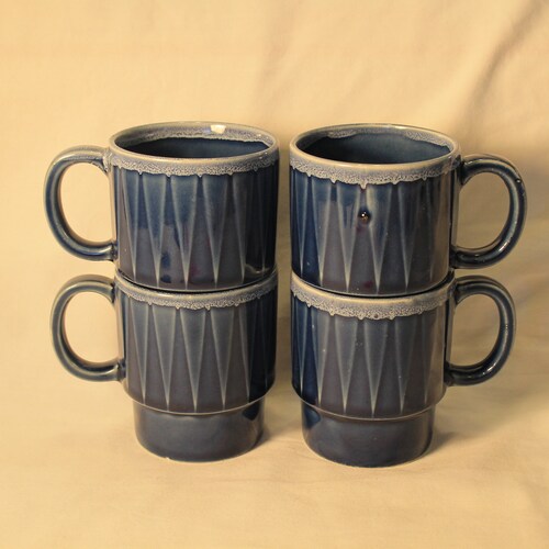 Blue Stacking Mugs Vintage Ceramic Set of Four