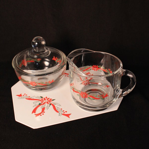 Holiday Creamer and Sugar Set Vintage Anchor Hocking Bonus Matching Trivet