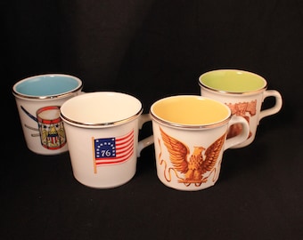 Patriotic Americana Mugs Vintage Porcelain Set of Four USA Taylor International