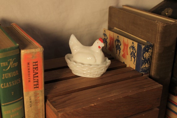 Chicken in Basket Trinket Box Vintage White Milk … - image 1