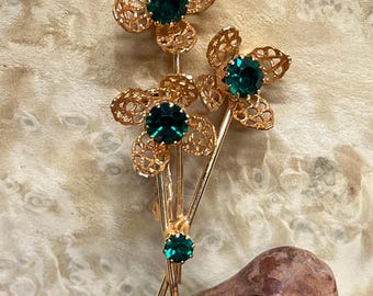 Vintage MCM Green Rhinestone Flower Stem Brooch Pin Gold-Tone Setting