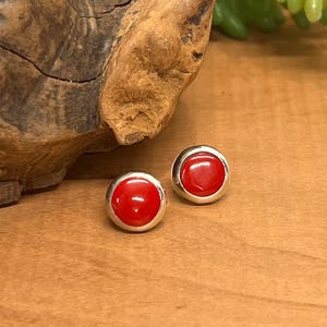 May include: A pair of round stud earrings with a bright red center and a silver-colored border. The earrings are displayed on a wooden surface, with a piece of wood and greenery in the background. The earrings are a jewelry item.