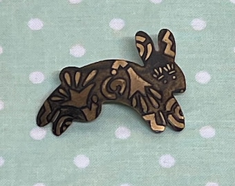 Easter Bunny Rabbit Brooch Pin, Abstract Oxidized Brass Pattern