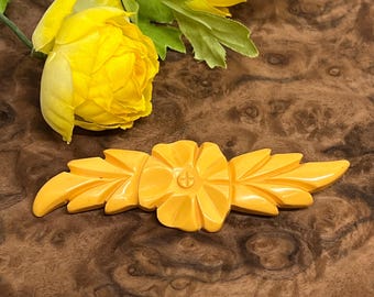 Vintage Butterscotch Yellow Bakelite Carved Floral Bar Brooch Pin