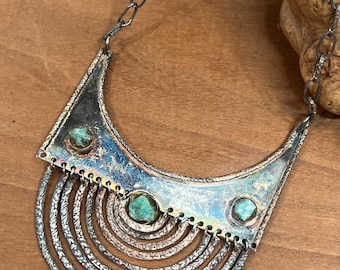 Vintage Sterling Silver Turquoise Half-Moon Bib Necklace, Brutalist Finnish Style