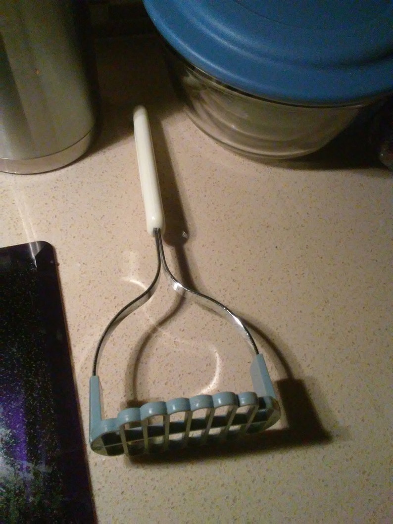 Blue Grey with White with Handle Stainless Steel Gadget BONNY Potatoe Masher Etsys Vintage Kitchen