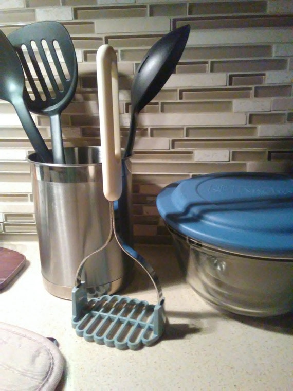 Blue Grey with White with Handle Stainless Steel Gadget BONNY Potatoe Masher Etsys Vintage Kitchen
