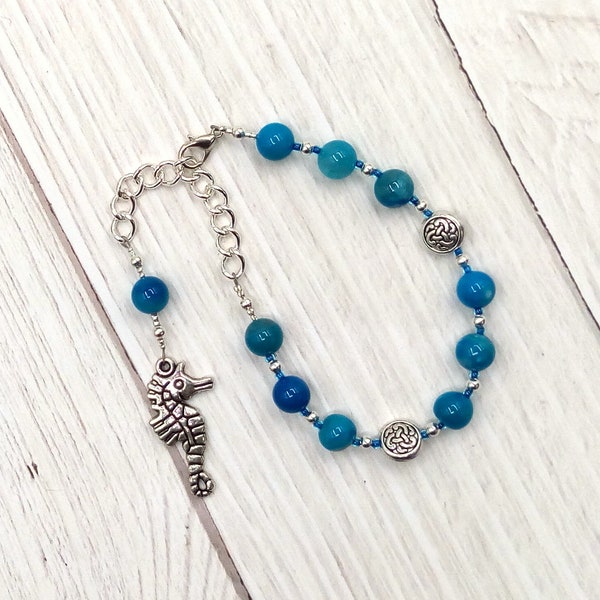 Manannan mac Lir Prayer Bead Bracelet in Blue Agate: Irish Celtic God of the Sea