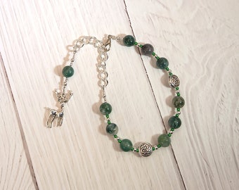 Cernunnos Prayer Bead Bracelet in Moss Agate: Gaulish Celtic God of Nature and Wild Beasts