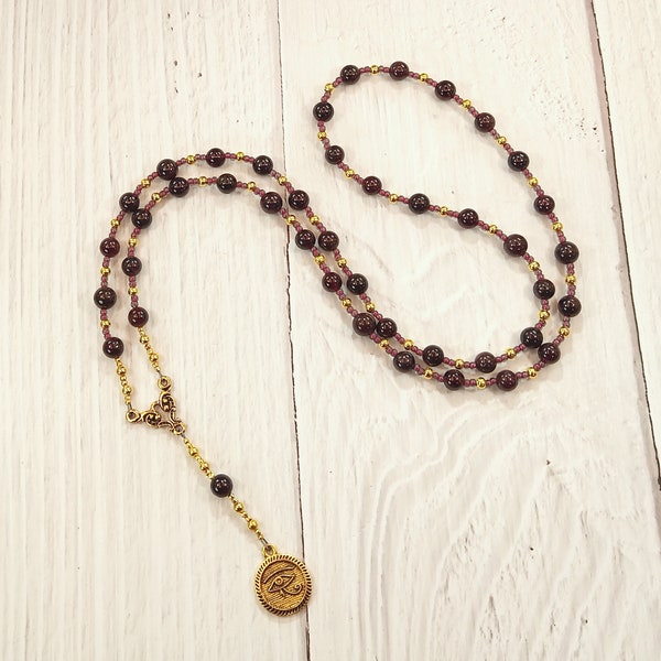 Horus the Elder (Heru-wer) Prayer Bead Necklace in Garnet: Egyptian God of Battle, Protection, Prosperity