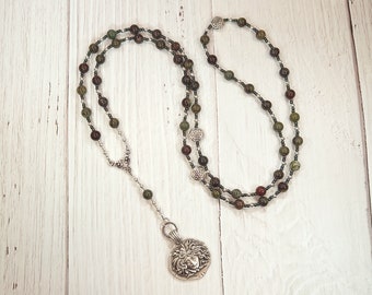 Medusa Prayer Bead Necklace in Dragon Blood Jasper: Greek Goddess, Spirit of Protection