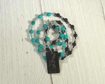 Amun (Amon) Prayer Bead Necklace in Onyx and Stabilized Turquoise: Egyptian Creator God, King of Gods