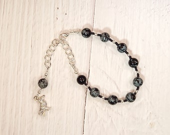 Odin Prayer Bead Bracelet in Snowflake Obsidian: Norse God of War and Battle, Magic, Runes, Wisdom, Poetry and Death