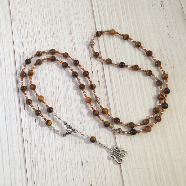 Apollo Prayer Bead Necklace in Tiger Eye: Greek God of Music and the Arts, Health and Healing, Archery and the Sun