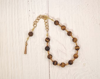 Bast Prayer Bead Bracelet in Tiger Eye: Egyptian Goddess of Joy, Love, Music and Dance