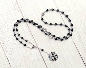 Hekate (Hecate) Prayer Bead Necklace in Onyx with Hecate's Wheel: Greek Goddess of Magic, Witchcraft, Protection of the Home and Women