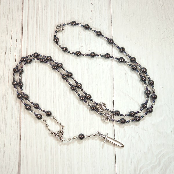 Ares Prayer Bead Necklace in Hematite: Greek God of War, Battle, Courage; Patron and Protector of Soldiers