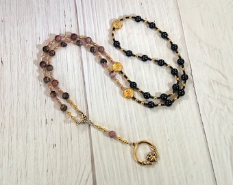 Aengus (Oengus, Angus Og) Prayer Bead Necklace in Rhodonite and Onyx: Irish Celtic God of Youth and Love