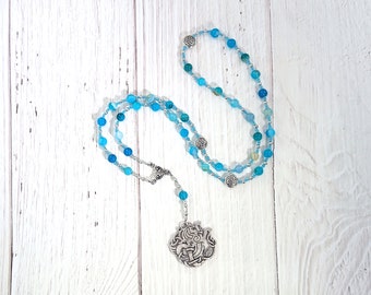 Manannan (Manannan mac Lir) Prayer Bead Necklace in Blue Agate: Irish Celtic God of the Sea and the Otherworld