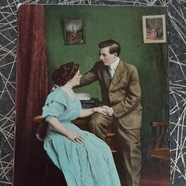 Antique Romantic Postcard, 1910 Postmark, Hand Dated Note, Girl at Typewriter, Edwardian Clothing, Man Courting Woman, Publ Julius Bien