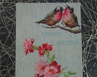 Antique Birthday Postcard, 1908 Greeting Card, Birds & Pink Flowers, Woodgrain Background, Good Luck Clover, Publ P Sander NY, No Postmark