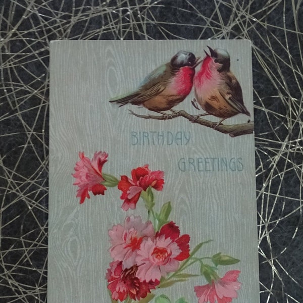 Antique Birthday Postcard, 1908 Greeting Card, Birds & Pink Flowers, Woodgrain Background, Good Luck Clover, Publ P Sander NY, No Postmark