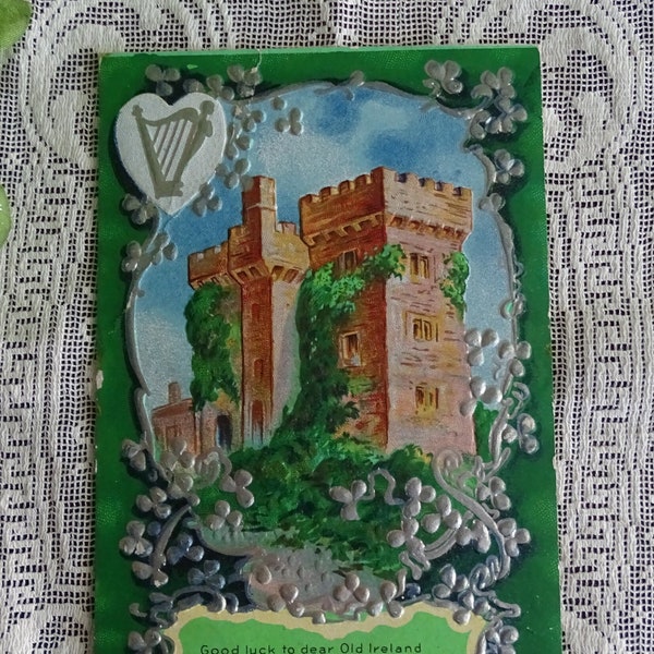 Antique IRELAND Souvenir, 1910 Blarney Castle Post Card, Kiss Blarney Stone, Embossed Shamrocks & Harp, Irish St Patrick's Day Greeting