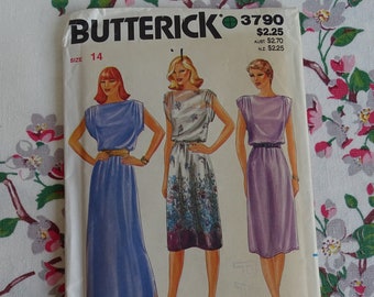 Vintage 80's Dress Pattern, Unused Butterirck #3790, Woman's Size 14, Loose Fitting Dress in 2 Lengths, Shirred Sleeves, Fast & Easy Pattern