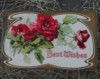 Antique 1910 Postcard, Early 1900's Greeting, Red Roses Best Wishes, Art Nouveau Era Postcard, Lightly Embossed Ephemera, Deltiology Collect
