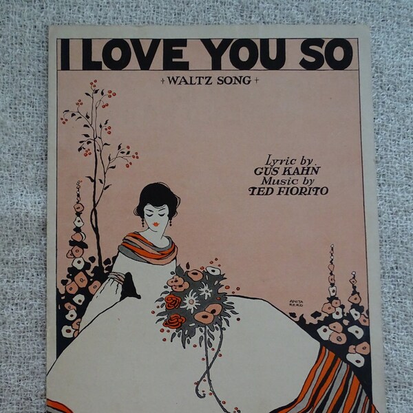 Antique Sheet Music, I Love You So Waltz, 1930 Kahn & Fiorito Song, Art Deco Graphics by Anita Reed, Music Room Decor, Frameable Artwork