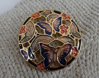 Vintage Butterfly Cloisonne Brooch, Nature Themed Jewelry, Colorful Round Enamel Pin, Vintage Jewelry, 3 Butterflies with Flowers