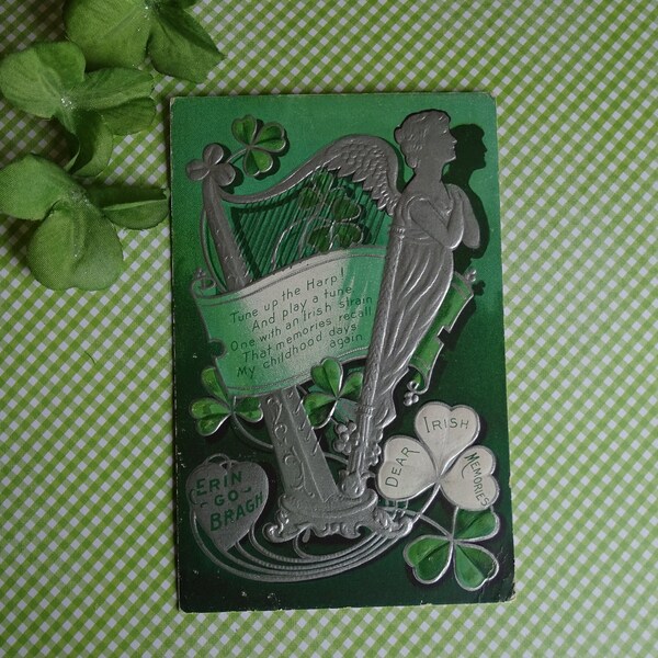 Antique Irish Memories Postcard, Early 1900's Greeting, Ireland Symbols, Silver Embossed Harp, Erin Go Bragh, Irish Harp Poem, St Patrick's