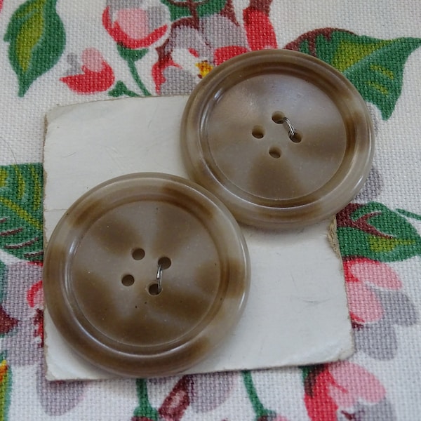 2 Extra Large Vintage Buttons, Unused 1950's Coat Fasteners, 2 Tone Neutral Tan Brown, 1 3/8" Large Buttons, 4 Hole Rimmed Mega Fasteners