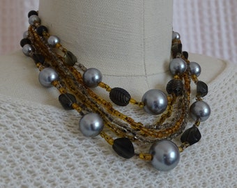 Vintage Beaded Necklace, Mid Century Multi Strand Style, Gray Black & Honey Yellow Beads, 6 tiered Necklace, 1950's Fashion Jewelry