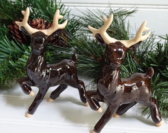 Vintage Reindeer Figurines Set of 2 Brown Deer With Antlers Etsy