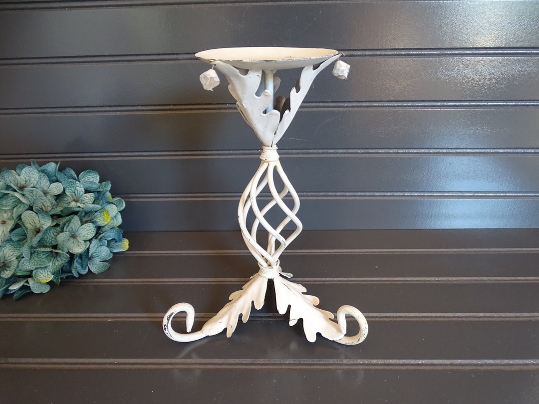 Ornate White Metal Candle Holder Vintage Pillar Candle Stand Etsy